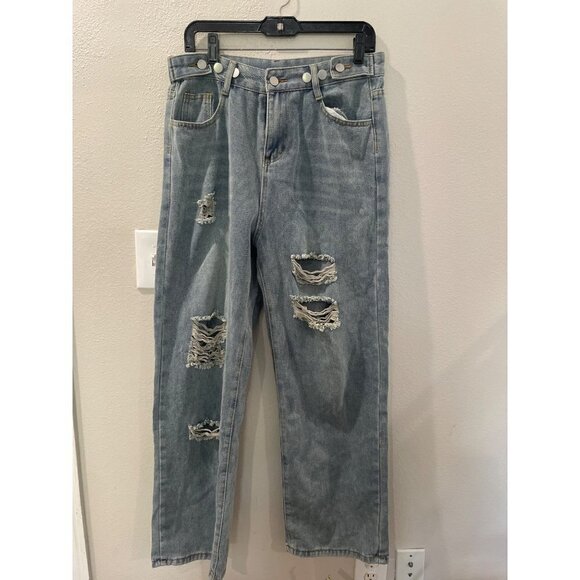 BLUE jeans WOMENS COTTON SIZE LARGE RIP AND DISTRESSED HIGH WAISTED wide leg - Picture 1 of 8